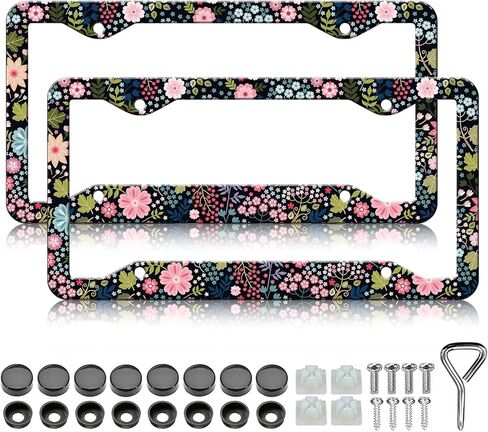 Beautiful Floral Print License Plate Frames - 2 Pack Vintage Flower License Plate Frame Holder,Aluminum Metal Rust-Proof Waterproof Car Decorative Tag Frames for Standard US Canada 12x6 Inch in Saudi Arabia