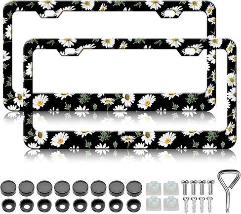 HCSS White Daisy License Plate Frames - 2 Pack Beautiful Flower License Plate Holder, Aluminum Metal Rust-Proof Waterproof Car Decorative Tag Frame for Standard US 12x6 Inch in Saudi Arabia