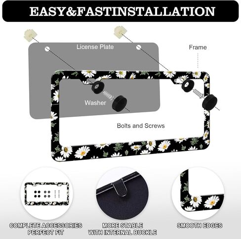 HCSS White Daisy License Plate Frames - 2 Pack Beautiful Flower License Plate Holder, Aluminum Metal Rust-Proof Waterproof Car Decorative Tag Frame for Standard US 12x6 Inch in Saudi Arabia