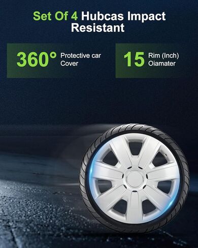 SCITOO 4pcs 15 Inch Silver Hubcaps, Simple Install, Replacement Wheel Covers for Cars, Trucks, SUVs, Beautiful & Durable R15 for Most Cars in Saudi Arabia