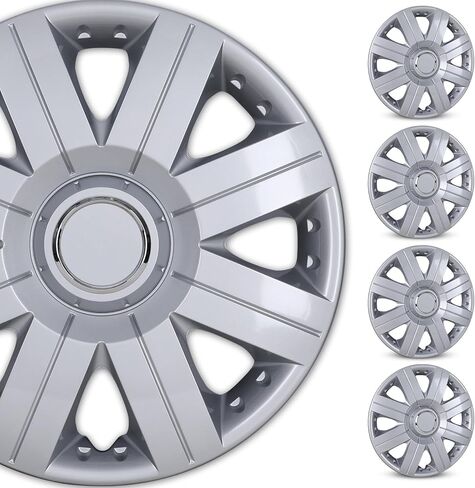 WOLFSTORM 15 بوصة غطاء محور العجلة العالمي، مجموعة غطاء محور السيارة، غطاء عجلة R15 بديل كبس على سيارة شاحنة SUV - مجموعة 15 بوصة من 4 أغطية محور R15 للسيارات العالمية (فضي) in Kuwait