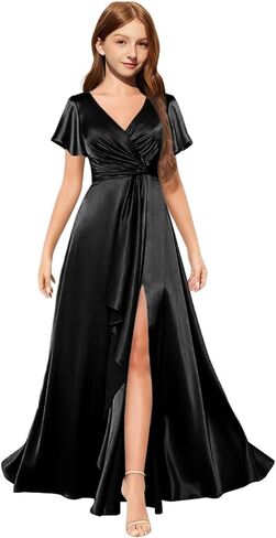 MRHUSH Junior Bridesmaid Dresses Satin Flower Girl Dress Short Sleeve Prom Dresses for Teen Girls Formal Dress with Slit in Saudi Arabia