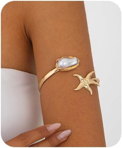Gold Arm Cuff Bracelet for Women Pearl Starfish Upper Arm Cuffs Bangle Bracelet Adjustable Minimalist Armband Arms Cuffs Shiny Fashion Open Bangle Bracelet Graceful Summer Beach Accessories in Saudi Arabia
