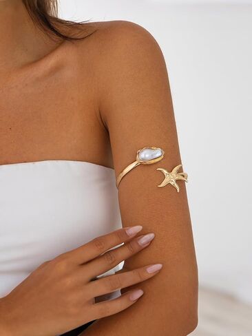 Gold Arm Cuff Bracelet for Women Pearl Starfish Upper Arm Cuffs Bangle Bracelet Adjustable Minimalist Armband Arms Cuffs Shiny Fashion Open Bangle Bracelet Graceful Summer Beach Accessories in Saudi Arabia