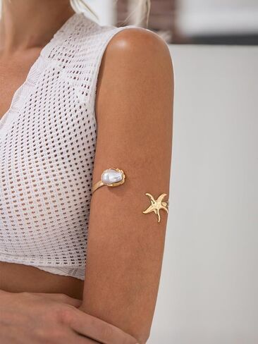 Gold Arm Cuff Bracelet for Women Pearl Starfish Upper Arm Cuffs Bangle Bracelet Adjustable Minimalist Armband Arms Cuffs Shiny Fashion Open Bangle Bracelet Graceful Summer Beach Accessories in Saudi Arabia