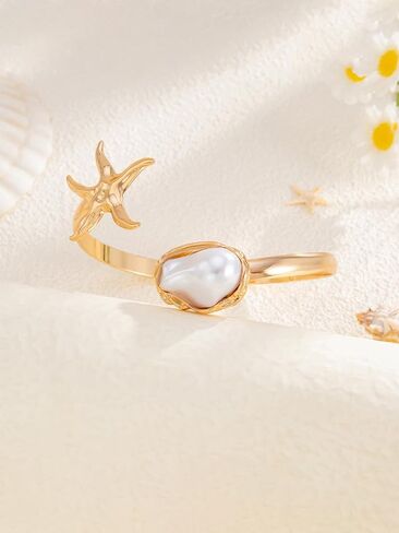 Gold Arm Cuff Bracelet for Women Pearl Starfish Upper Arm Cuffs Bangle Bracelet Adjustable Minimalist Armband Arms Cuffs Shiny Fashion Open Bangle Bracelet Graceful Summer Beach Accessories in Saudi Arabia
