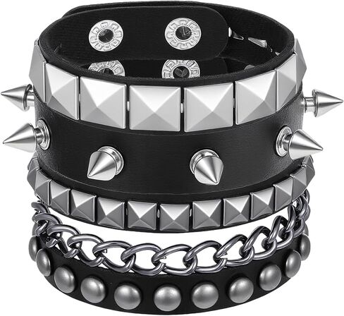 3Pcs Punk Studded Bracelets, Goth Spike Bracelets, Leather Cuff Bracelet for Men Women, Adjustable Metal Wristband for Halloween Accessories for Rocker Outfits in Saudi Arabia