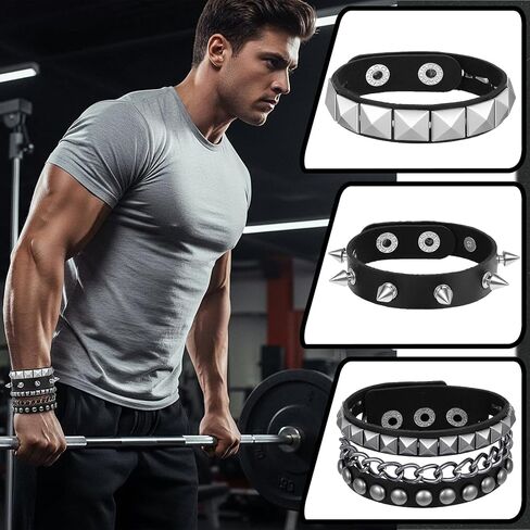 3Pcs Punk Studded Bracelets, Goth Spike Bracelets, Leather Cuff Bracelet for Men Women, Adjustable Metal Wristband for Halloween Accessories for Rocker Outfits in Saudi Arabia