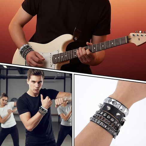 3Pcs Punk Studded Bracelets, Goth Spike Bracelets, Leather Cuff Bracelet for Men Women, Adjustable Metal Wristband for Halloween Accessories for Rocker Outfits in Saudi Arabia