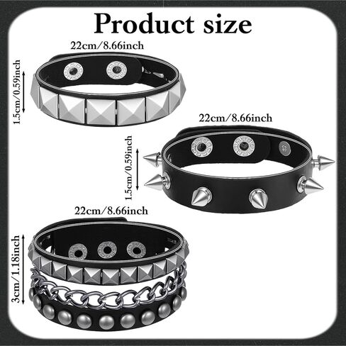 3Pcs Punk Studded Bracelets, Goth Spike Bracelets, Leather Cuff Bracelet for Men Women, Adjustable Metal Wristband for Halloween Accessories for Rocker Outfits in Saudi Arabia