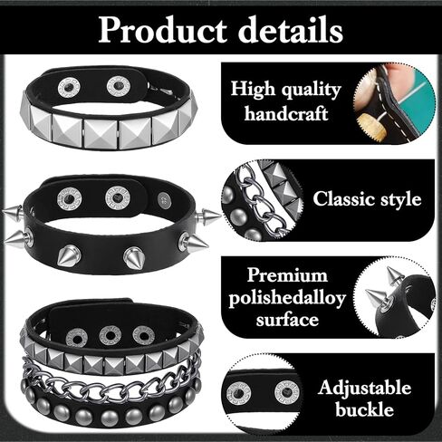 3Pcs Punk Studded Bracelets, Goth Spike Bracelets, Leather Cuff Bracelet for Men Women, Adjustable Metal Wristband for Halloween Accessories for Rocker Outfits in Saudi Arabia