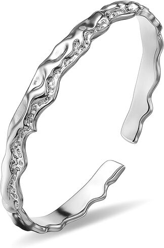سوار من الفضة الإسترليني عيار 925 محفور عليه سوار فضي مموج للنساء، سوار مفتوح من الفضة المصقولة قابل للتعديل، تصميم غير منتظم لتموج الماء، مجوهرات عصرية أنيقة للنساء وعيد الأم in Kuwait