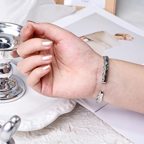 سوار من الفضة الإسترليني عيار 925 محفور عليه سوار فضي مموج للنساء، سوار مفتوح من الفضة المصقولة قابل للتعديل، تصميم غير منتظم لتموج الماء، مجوهرات عصرية أنيقة للنساء وعيد الأم in Kuwait