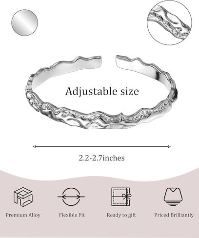 سوار من الفضة الإسترليني عيار 925 محفور عليه سوار فضي مموج للنساء، سوار مفتوح من الفضة المصقولة قابل للتعديل، تصميم غير منتظم لتموج الماء، مجوهرات عصرية أنيقة للنساء وعيد الأم in Kuwait