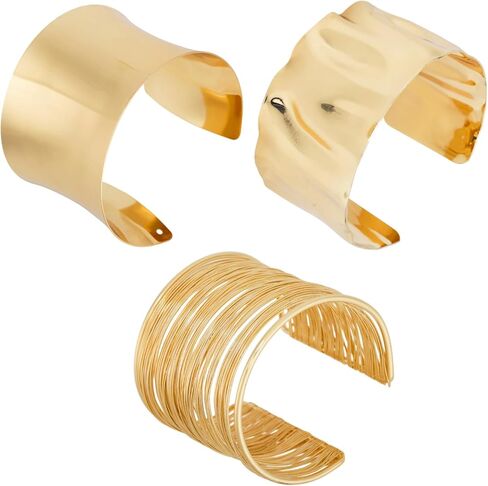3pcs Gold Bangle Bracelets Set for Women, Smooth Wire and Hammered Open Cuff Irregular Minimalist Wide Chunky Statement Arm Cuff Upper Arm Adjustable Wrist Jewelry for Party Daily Gifts in Saudi Arabia