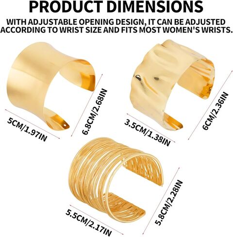 3pcs Gold Bangle Bracelets Set for Women, Smooth Wire and Hammered Open Cuff Irregular Minimalist Wide Chunky Statement Arm Cuff Upper Arm Adjustable Wrist Jewelry for Party Daily Gifts in Saudi Arabia