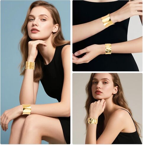 3pcs Gold Bangle Bracelets Set for Women, Smooth Wire and Hammered Open Cuff Irregular Minimalist Wide Chunky Statement Arm Cuff Upper Arm Adjustable Wrist Jewelry for Party Daily Gifts in Saudi Arabia