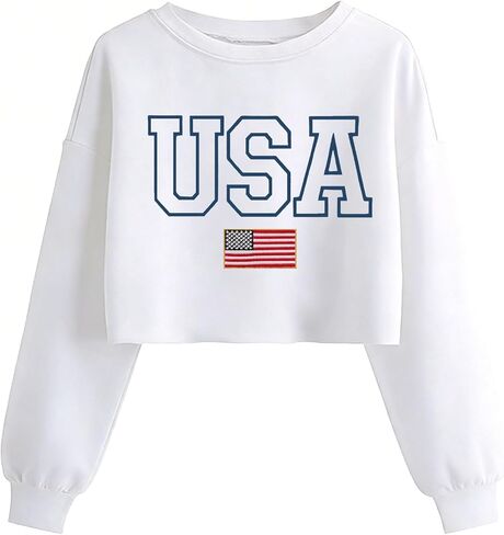 USA Flag Sweatshirts for Women: Embroidered 4th of July Shirts Long Sleeve Patriotic Crop Sweatshirt in Saudi Arabia