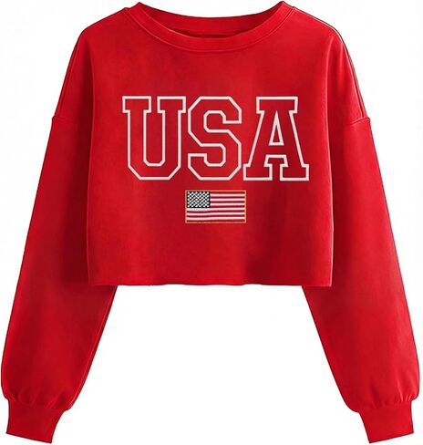 USA Flag Sweatshirts for Women: Embroidered 4th of July Shirts Long Sleeve Patriotic Crop Sweatshirt in Saudi Arabia
