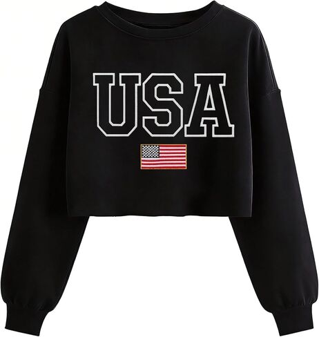 USA Flag Sweatshirts for Women: Embroidered 4th of July Shirts Long Sleeve Patriotic Crop Sweatshirt in Saudi Arabia