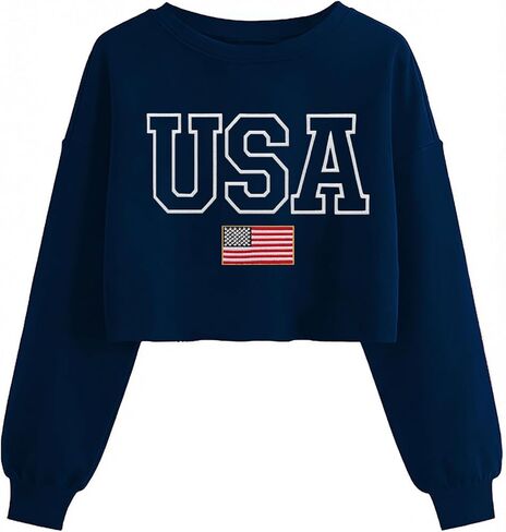 USA Flag Sweatshirts for Women: Embroidered 4th of July Shirts Long Sleeve Patriotic Crop Sweatshirt in Saudi Arabia