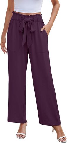 سراويل NILOUFO النسائية الصيفية الكاجوال واسعة الساق عالية الخصر وعقدة مرنة للشاطئ بوهو مع جيوب in Kuwait