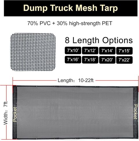 Dump Truck Mesh Tarp 7'x22' Durable Dump Trailer Tarp Opening Shade Truck Bed Cover with Grommets,Heavy Duty Black Cover with 2 Pockets for Easy Installation in Saudi Arabia