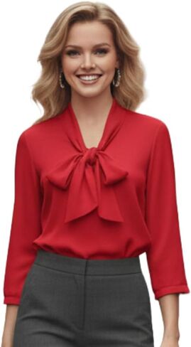 Tatyana Giselle Blouse, 1950s Long Sleeve Button Front with Tie Bow, White with Black Polka Dots, Scarlet Red in Saudi Arabia