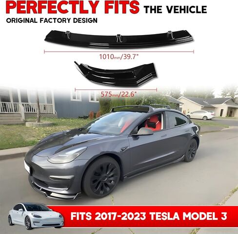يناسب 2017-2023 Tesla Model 3 طقم مقسم الشفاه الأمامي، 3 قطع شديدة التحمل للشفاه الأمامية للذقن وسد الهواء واكسسوارات خارجية (أسود لامع) in Kuwait