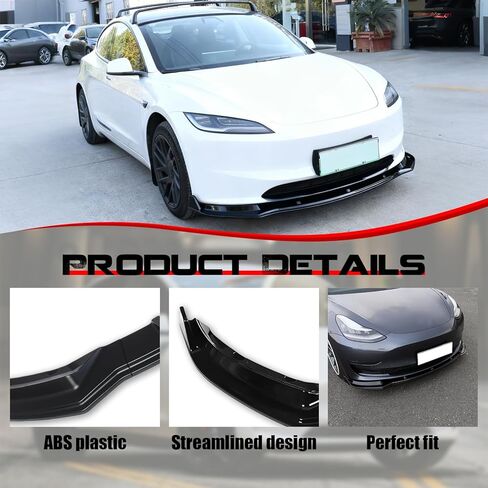 يناسب 2017-2023 Tesla Model 3 طقم مقسم الشفاه الأمامي، 3 قطع شديدة التحمل للشفاه الأمامية للذقن وسد الهواء واكسسوارات خارجية (أسود لامع) in Kuwait