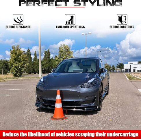 يناسب 2017-2023 Tesla Model 3 طقم مقسم الشفاه الأمامي، 3 قطع شديدة التحمل للشفاه الأمامية للذقن وسد الهواء واكسسوارات خارجية (أسود لامع) in Kuwait