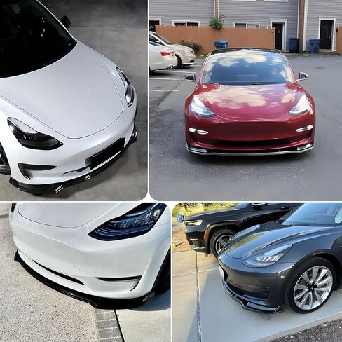 يناسب 2017-2023 Tesla Model 3 طقم مقسم الشفاه الأمامي، 3 قطع شديدة التحمل للشفاه الأمامية للذقن وسد الهواء واكسسوارات خارجية (أسود لامع) in Kuwait