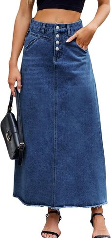 ebossy Women's High Waist Maxi Denim Skirt Buttoned Frayed Hem Flared A Line Casual Loose Wash Jean Skirt with Pockets in Saudi Arabia