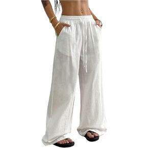 QJQ Women's Linen Wide Leg Pants Elastic Boho Baggy Casual Lounge Summer Beach Travel Vacation Outfits in Saudi Arabia