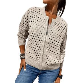 سترات نسائية بأكمام طويلة بسحاب للنساء سترة منسوجة من الكروشيه مجوفة كاجوال للخريف سترة قصيرة ملابس خارجية in Kuwait