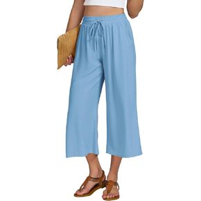 VUTRU سراويل نسائية واسعة الساق كاجوال للصيف مقصوصة بخصر مطاطي بالإضافة إلى حجم بنطلون صالة الشاطئ للعمل والسفر والعطلات in Kuwait