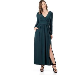 فستان طويل للسيدات من 24seven Comfort Apparel بأكمام طويلة ورقبة على شكل حرف V وفتحة جانبية in Kuwait