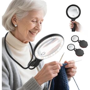 عدسة مكبرة لملابس الرقبة مع ضوء للعمل عن قرب، عدسة مكبرة مضاءة محمولة مقاس 5.5 بوصة 5X لقراءة الكتب، تتضمن قطعتين من النظارات المكبرة الصغيرة 10X مع غمد واقي in Kuwait