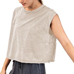 قمصان بدون أكمام مغسولة للنساء، قمصان كلاسيكية مقصوصة بدون أكمام ورقبة دائرية، ملابس كلاسيكية للتمرين، ملابس شارع عصرية in Kuwait