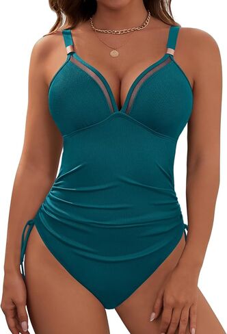 Dridreo Womens Tummy Control One Piece Swimsuit Ribbed Slimming Mesh Bathing Suit Metal Tie Knot Swim Suits in Saudi Arabia