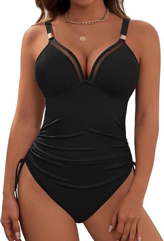 Dridreo Womens Tummy Control One Piece Swimsuit Ribbed Slimming Mesh Bathing Suit Metal Tie Knot Swim Suits in Saudi Arabia