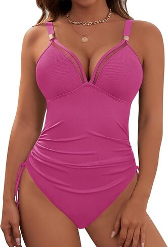 Dridreo Womens Tummy Control One Piece Swimsuit Ribbed Slimming Mesh Bathing Suit Metal Tie Knot Swim Suits in Saudi Arabia
