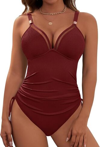 Dridreo Womens Tummy Control One Piece Swimsuit Ribbed Slimming Mesh Bathing Suit Metal Tie Knot Swim Suits in Saudi Arabia