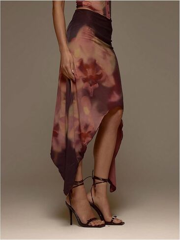 MakeMeChic Women's Floral Midi Skirt Mesh Asymmetrical Low Rise Bodycon Summer Long Skirts Trendy in Saudi Arabia