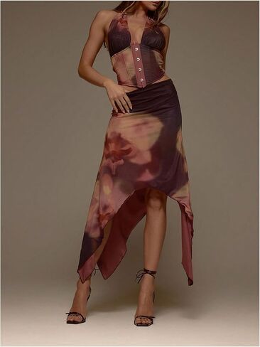MakeMeChic Women's Floral Midi Skirt Mesh Asymmetrical Low Rise Bodycon Summer Long Skirts Trendy in Saudi Arabia