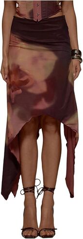 تنورة MakeMeChic النسائية متوسطة الطول بنقشة الزهور شبكية غير متماثلة ومنخفضة الارتفاع للصيف تنانير طويلة عصرية in Kuwait