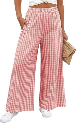 EVALESS Women's Wide Leg Palazzo Pants Casual Elastic High Waisted Cotton Gingham Plaid Culottes Trousers with Pockets in Saudi Arabia