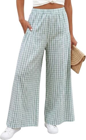 EVALESS Women's Wide Leg Palazzo Pants Casual Elastic High Waisted Cotton Gingham Plaid Culottes Trousers with Pockets in Saudi Arabia