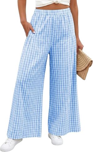 EVALESS Women's Wide Leg Palazzo Pants Casual Elastic High Waisted Cotton Gingham Plaid Culottes Trousers with Pockets in Saudi Arabia