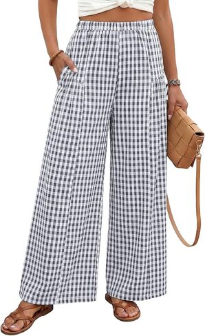 EVALESS Women's Wide Leg Palazzo Pants Casual Elastic High Waisted Cotton Gingham Plaid Culottes Trousers with Pockets in Saudi Arabia